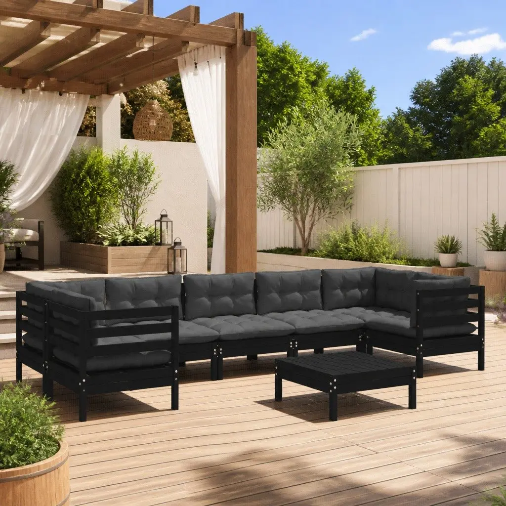Garden Lounge Set Solid Pinewood 8 Piece Modular Outdoor Furniture Black with Cushions