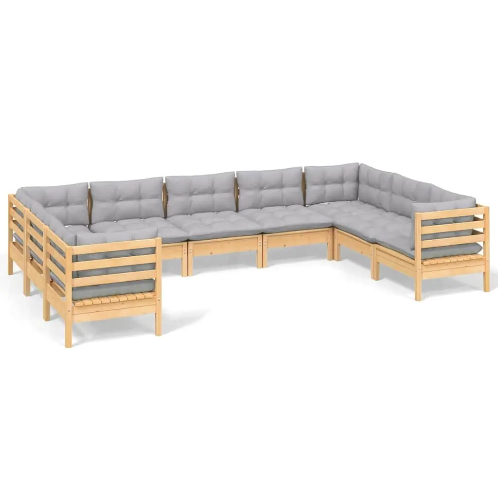 Garden Lounge Set Pinewood 9 Piece Outdoor Patio Furniture Grey Cushions