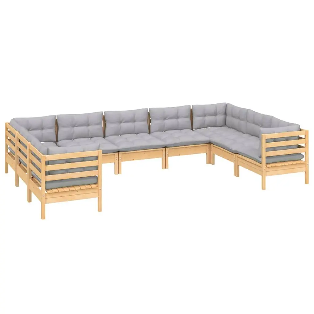 Garden Lounge Set Pinewood 9 Piece Outdoor Patio Furniture Grey Cushions