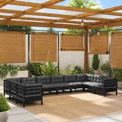 High-Quality 10 Piece Black Pinewood Garden Lounge Set