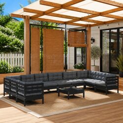 Sturdy 11-Piece Black Pinewood Garden Lounge Set