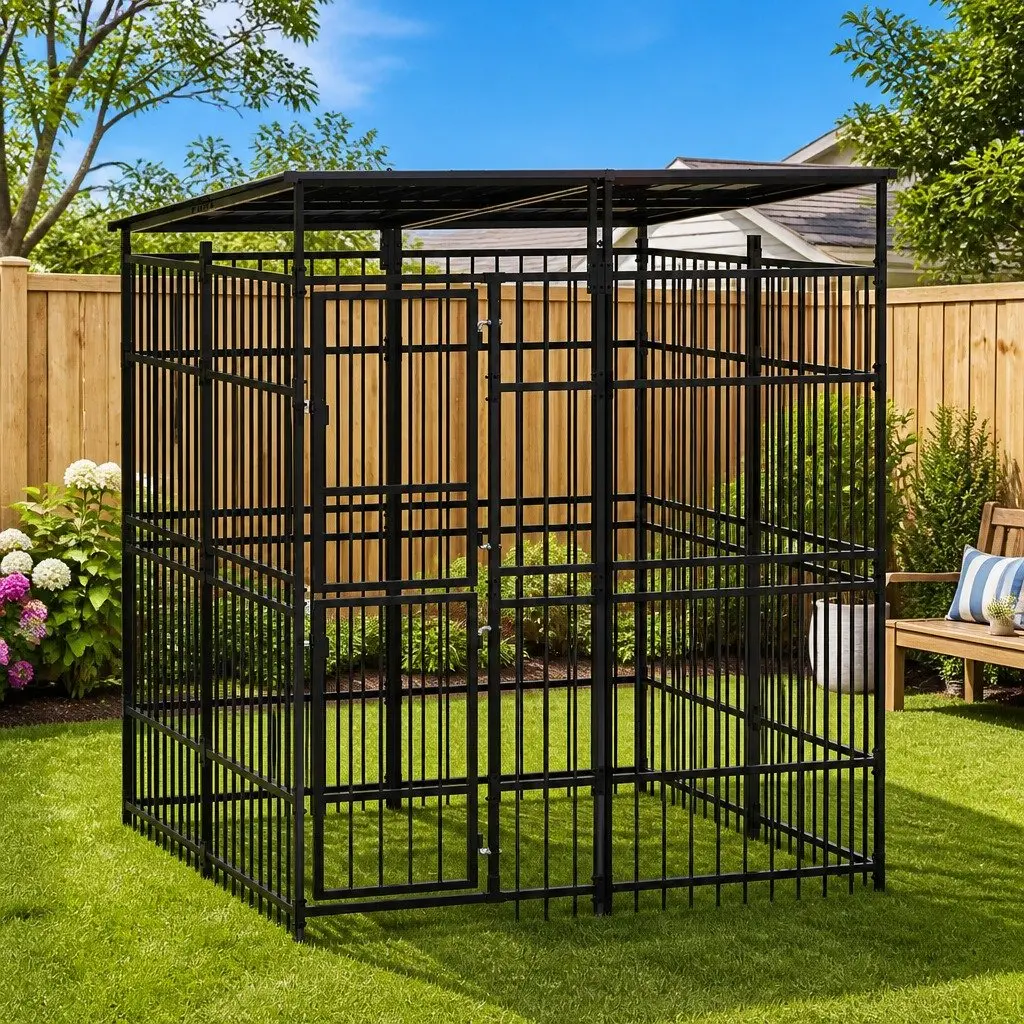 Dog Kennel Outdoor Run Enclosure Steel Roof Exercise Pen Safe Secure Shelter