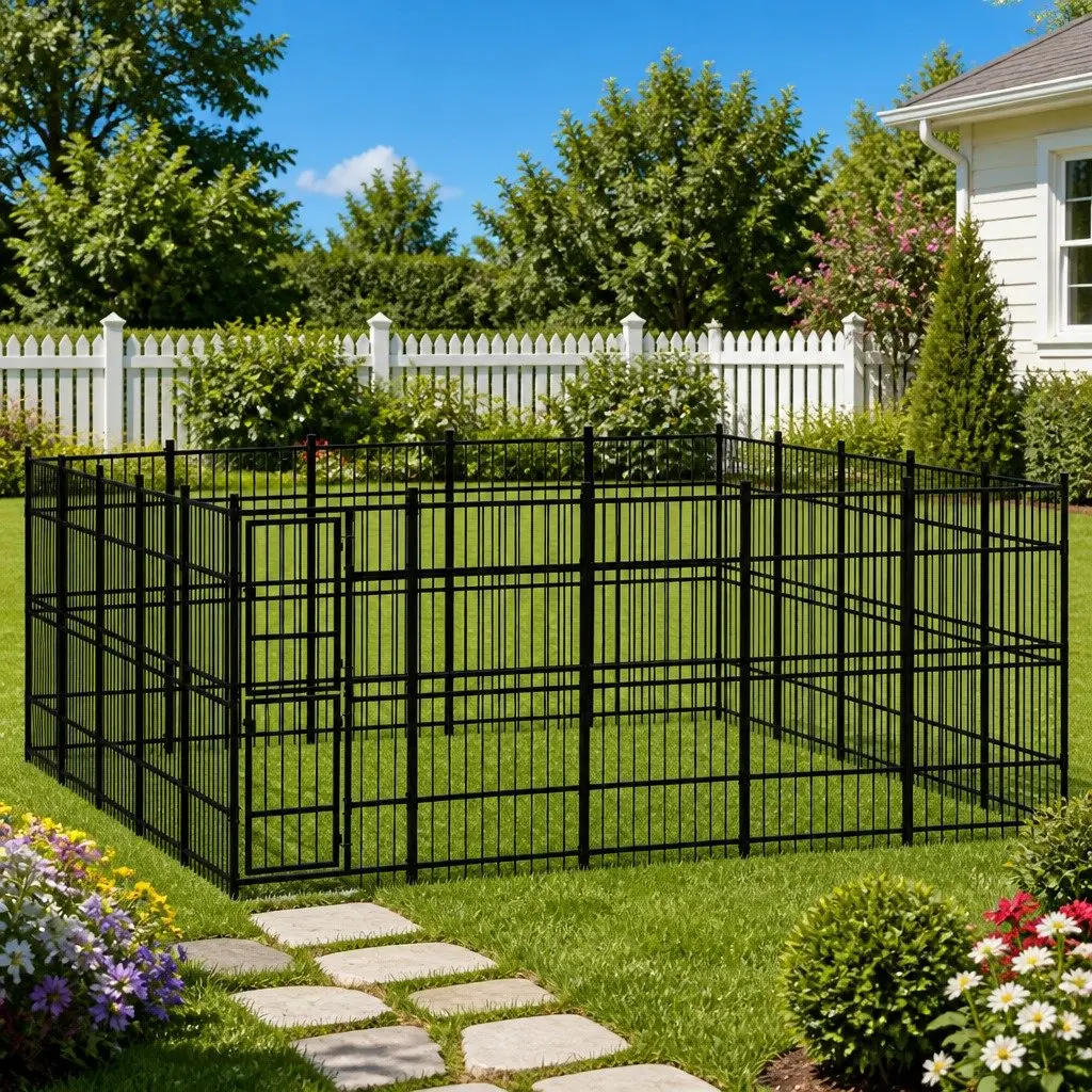Large Black Steel Outdoor Dog Exercise Pen Enclosure with Lockable Door