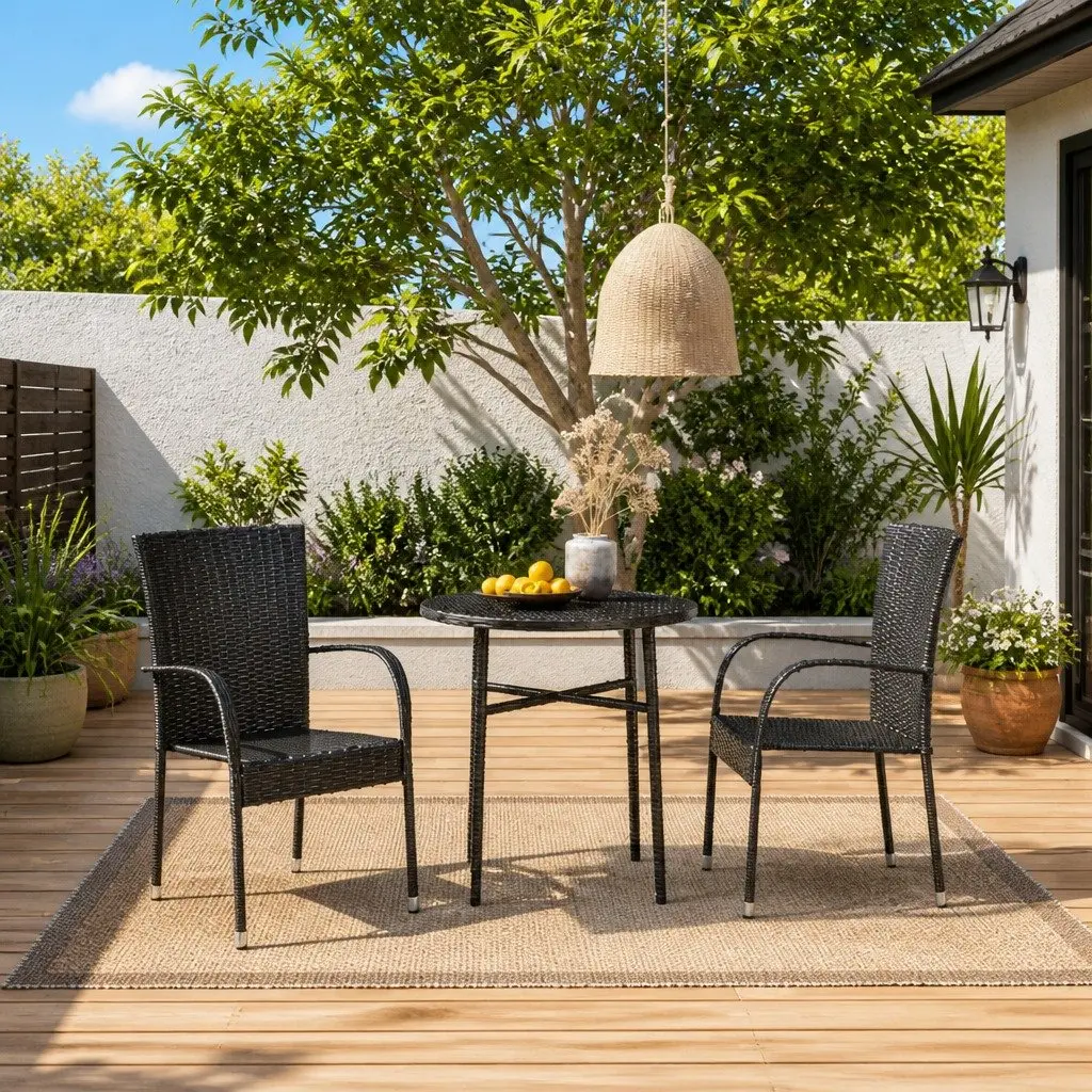 3 Piece Black Outdoor Dining Set with Rattan