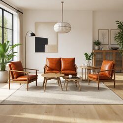 Stylish 3 Piece Sofa Set with Acacia Wood and Goat Leather