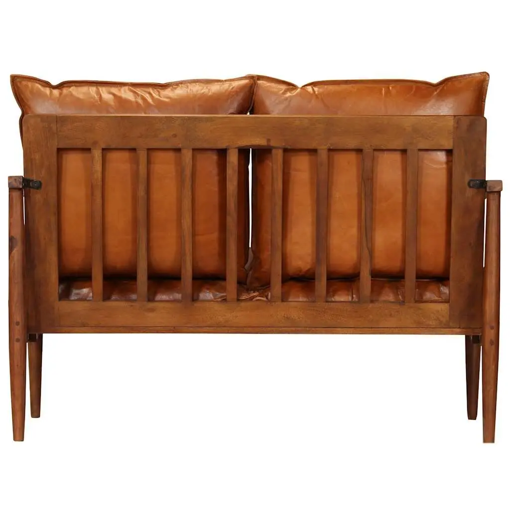 3 Piece Living Room Sofa Set Brown Goat Leather Solid Acacia Wood Frame