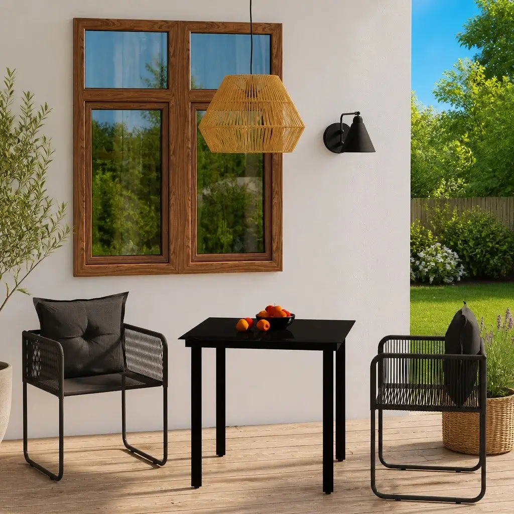 3 Piece Garden Dining Set with Black Glass Table