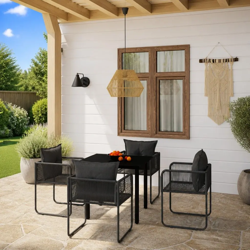 5 Piece Garden Dining Set Powder-coated Steel Frame Glass Table PE Rattan Chairs Black