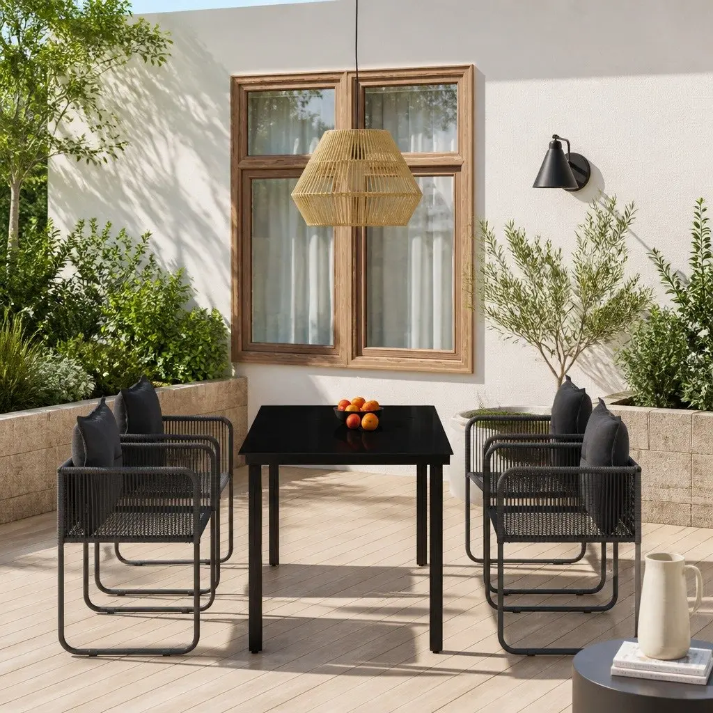 Garden Dining Set Powder-coated Steel Glass Table PE Rattan Chairs 5 Piece Black
