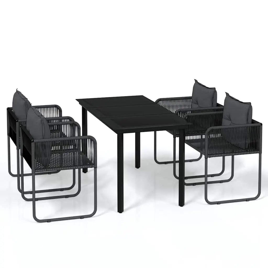 Garden Dining Set Powder-coated Steel Glass Table PE Rattan Chairs 5 Piece Black