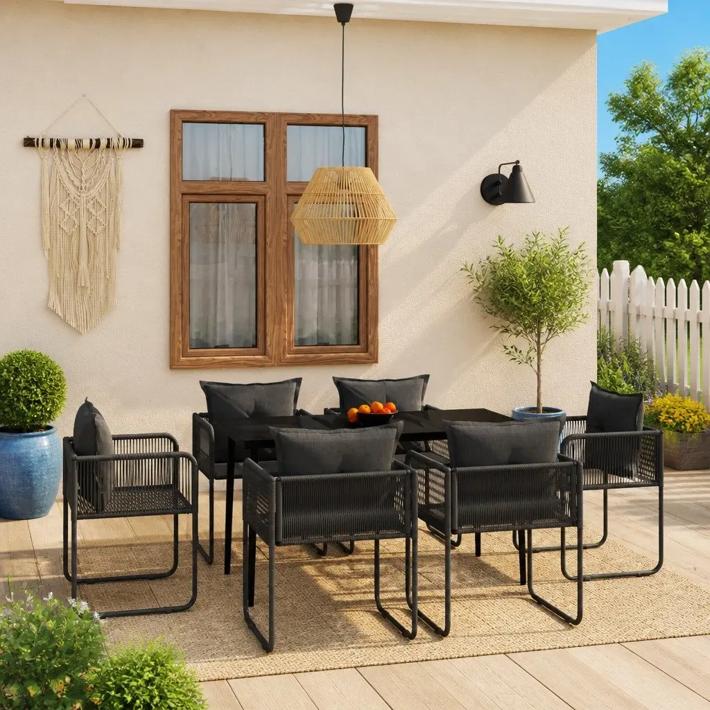 7 Piece Outdoor Garden Dining Set Steel Frame Glass Table Rattan Chairs Black