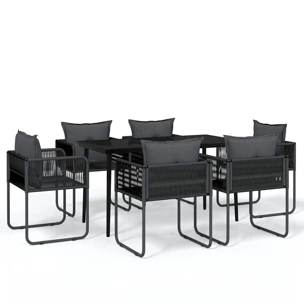 7 Piece Outdoor Garden Dining Set Steel Frame Glass Table Rattan Chairs Black