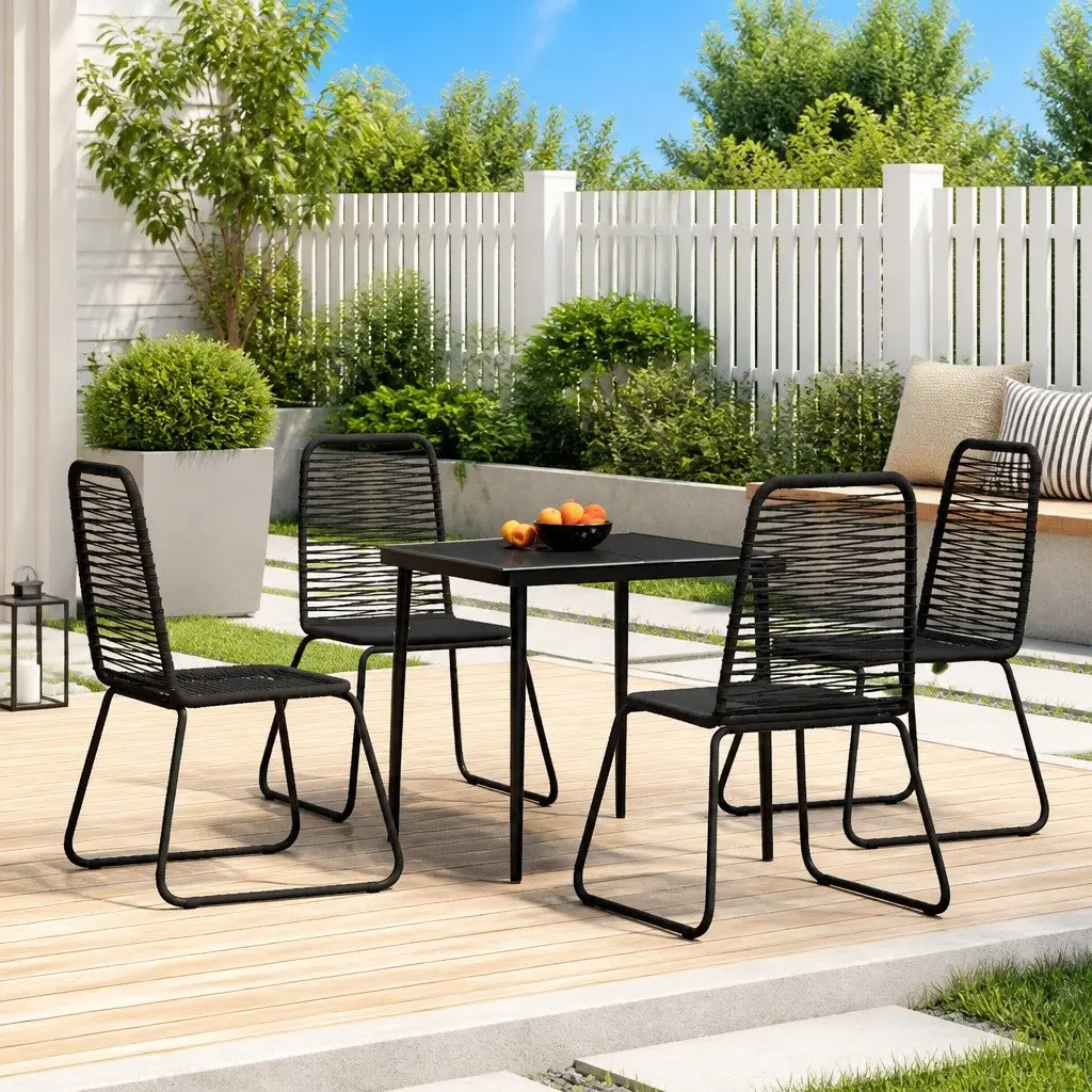 5 Piece Outdoor Dining Set Powder-coated Steel Glass Table PE Rattan Chairs Black