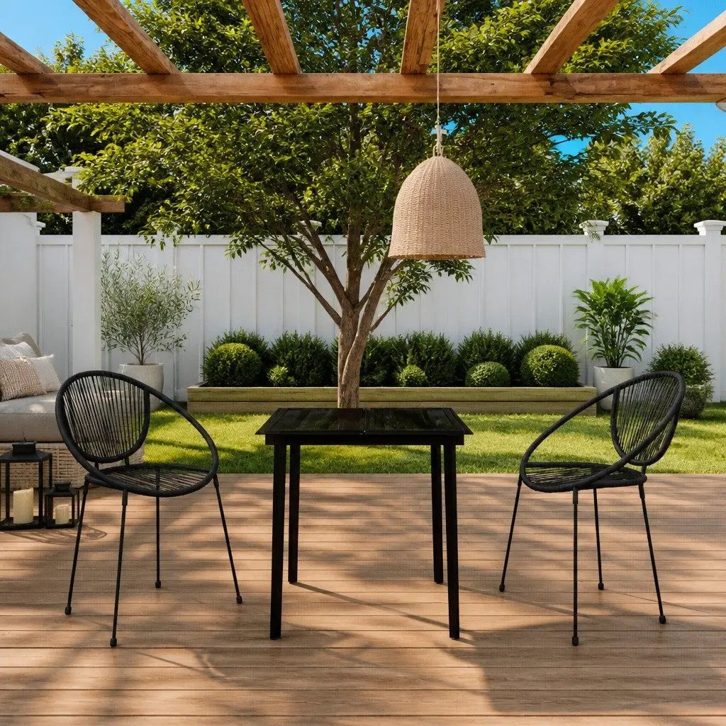 Garden Dining Set Black Glass Top Rattan 3 Piece Outdoor Patio Table Chairs