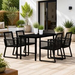 Black Garden Dining Set 5 Piece Outdoor Table Chairs Steel Frame Glass Top