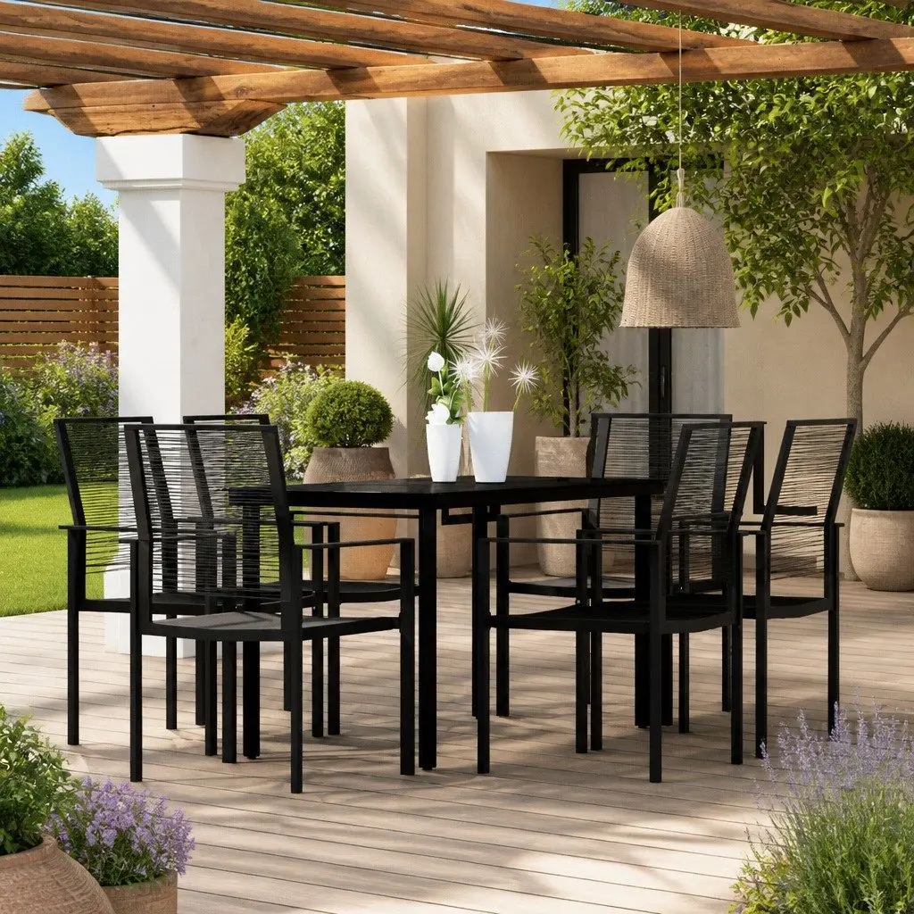 7 Piece Garden Dining Set with Black Glass Table