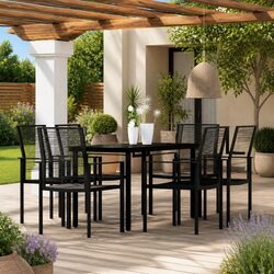 7 Piece Garden Dining Set with Black Glass Table
