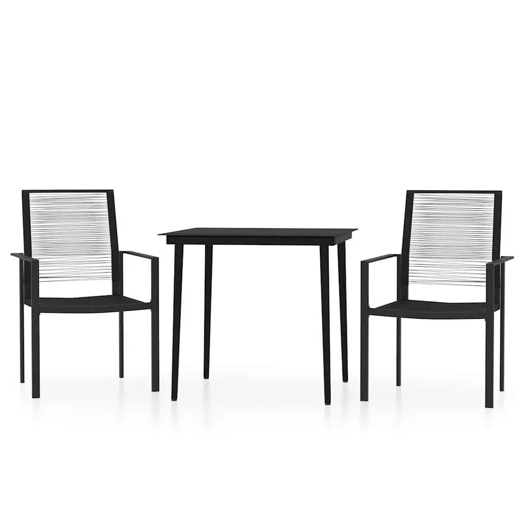 Garden Dining Set Powder-coated Steel Glass Top 3 Piece Outdoor Patio Furniture Black