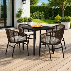 5 Piece Garden Dining Set Steel Frame Glass Table Rattan Chairs Brown