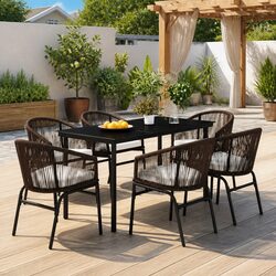 7 Piece Brown Steel Frame Garden Dining Set with Glass Table