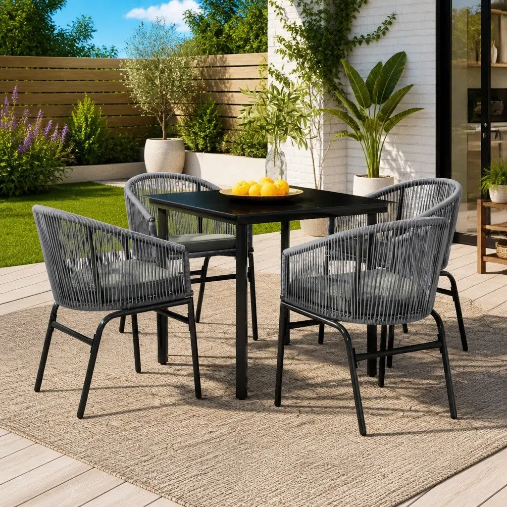 Garden Dining Set Rattan Grey 5 Piece Outdoor Patio Furniture Glass Table
