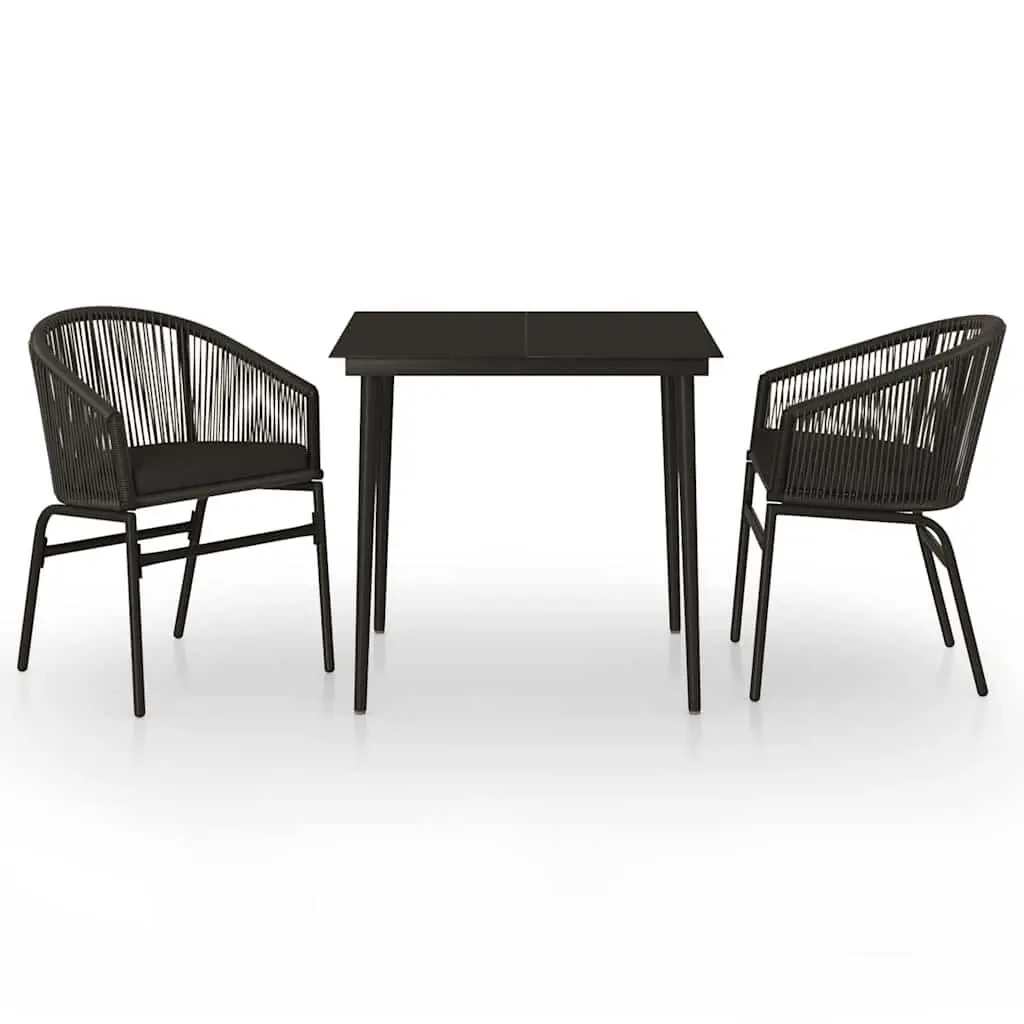 3 Piece Garden Dining Set Powder-coated Steel Glass Table Black PVC Rattan Chairs