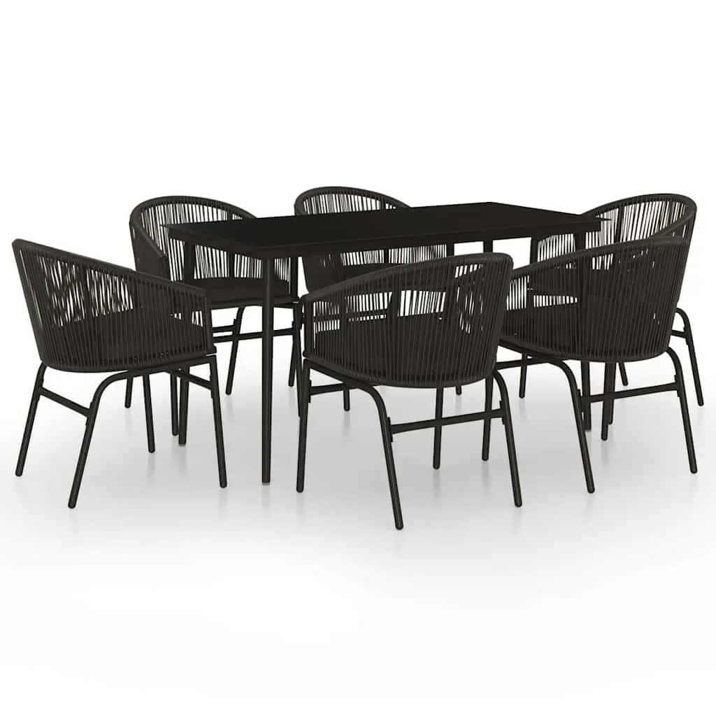 Outdoor Dining Set Black Rattan Chairs Glass Table 7 Piece for Garden
