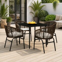 High-Quality 5 Piece Garden Dining Set Brown Steel Glass Rattan