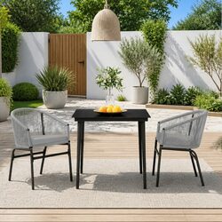 3 Piece Garden Dining Set Grey Outdoor Patio Furniture Steel Glass Table Chairs