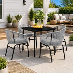 5 Piece Grey Garden Dining Set with Steel Frame and Glass Table