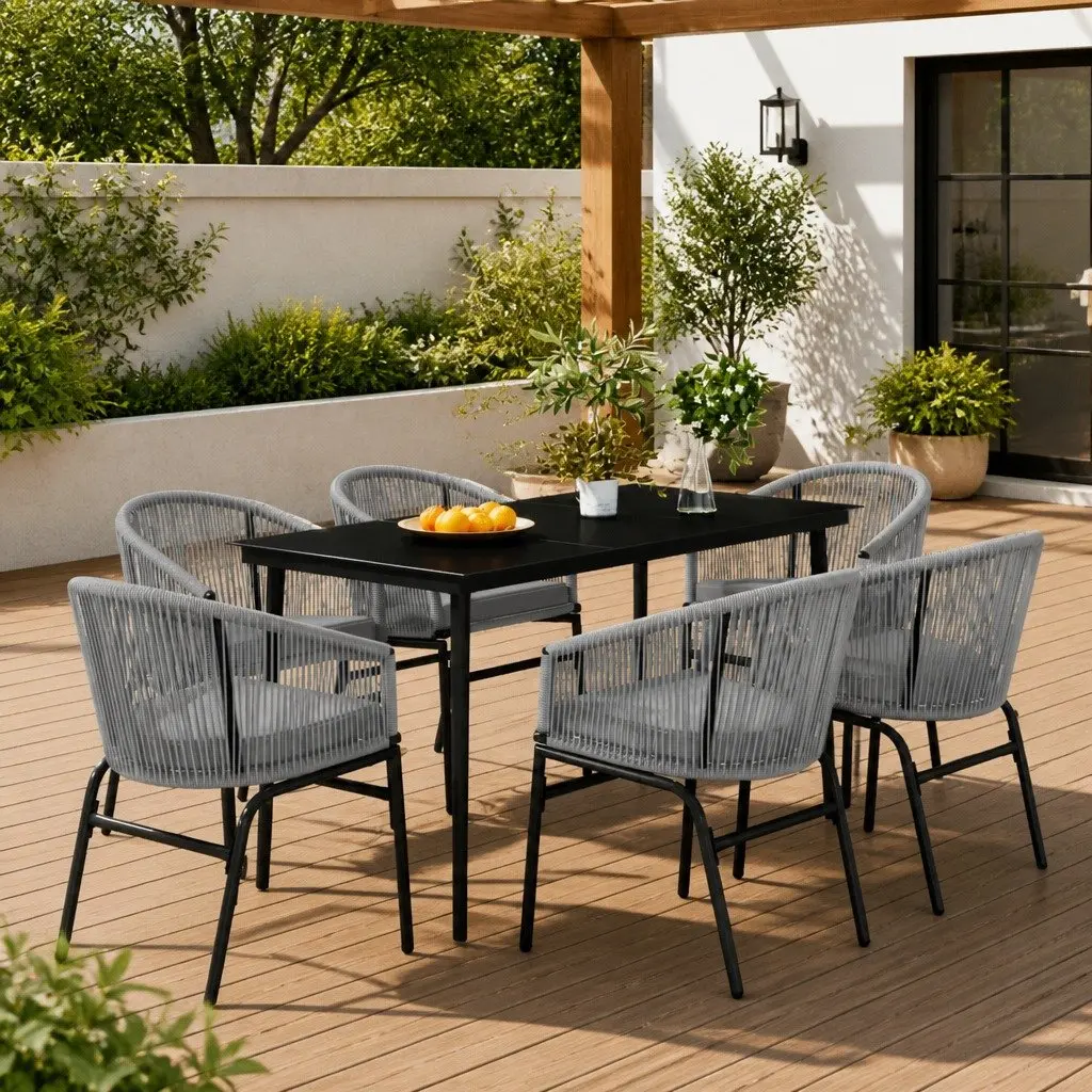 7-Piece Garden Set with Durable Rattan and Glass Table