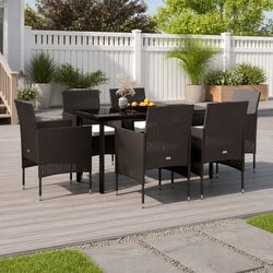 Black 7 Piece Garden Dining Set with Cushions and Glass Top