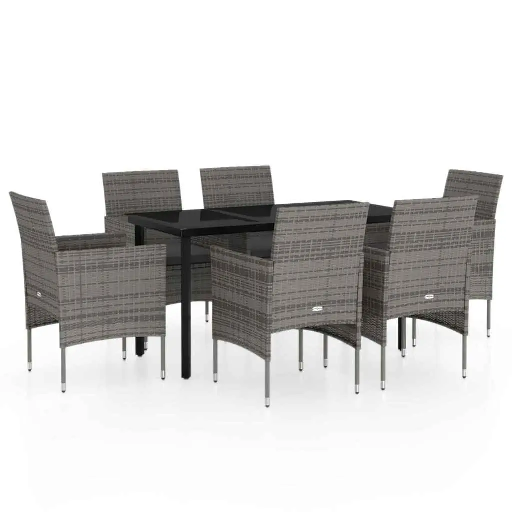 7 Piece Outdoor Dining Set Steel Frame PE Rattan Chairs Glass Top Grey Black