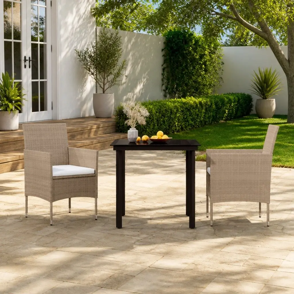 Garden Dining Set Powder-coated Steel Water-resistant PE Rattan 3 Piece Beige Black