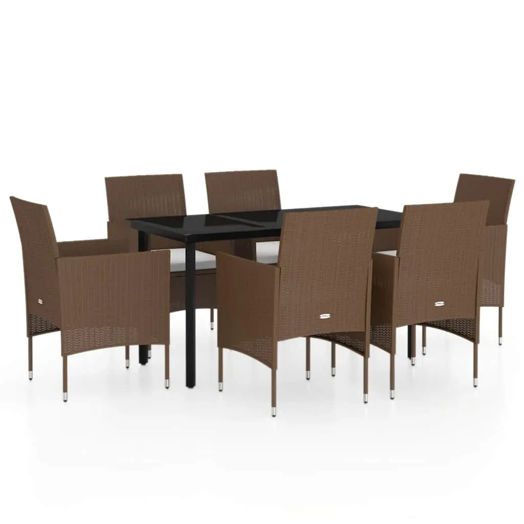 7 Piece Garden Dining Set Powder-coated Steel Water-resistant PE Rattan Glass Brown Black