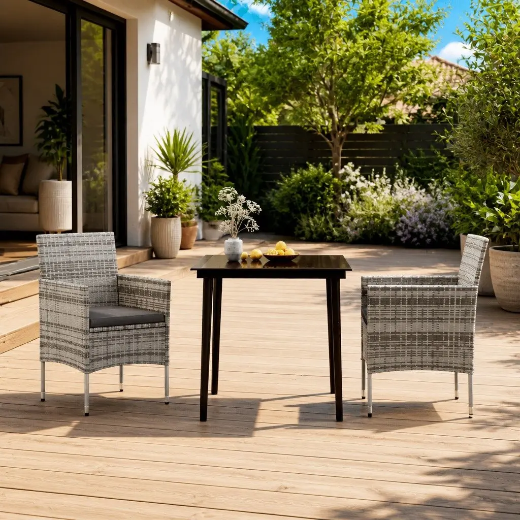 Garden Dining Set Steel Glass 3 Piece Outdoor Furniture Table Chairs Grey Black Rattan