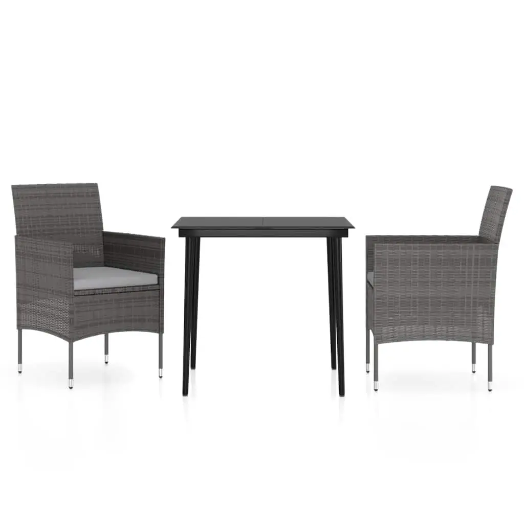 Garden Dining Set Steel Glass 3 Piece Outdoor Furniture Table Chairs Grey Black Rattan