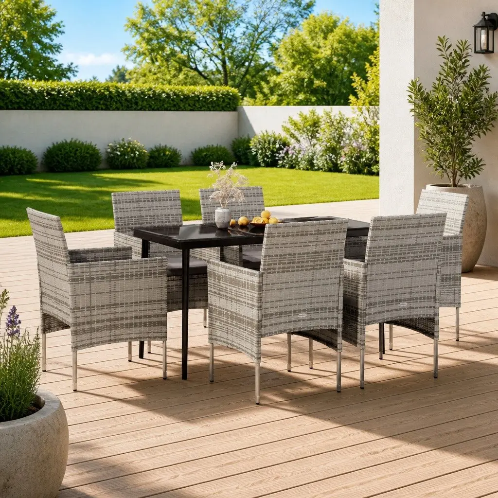Outdoor Dining Set Powder-coated Steel PE Rattan Glass Table Chairs Cushions 7 Piece Grey Black