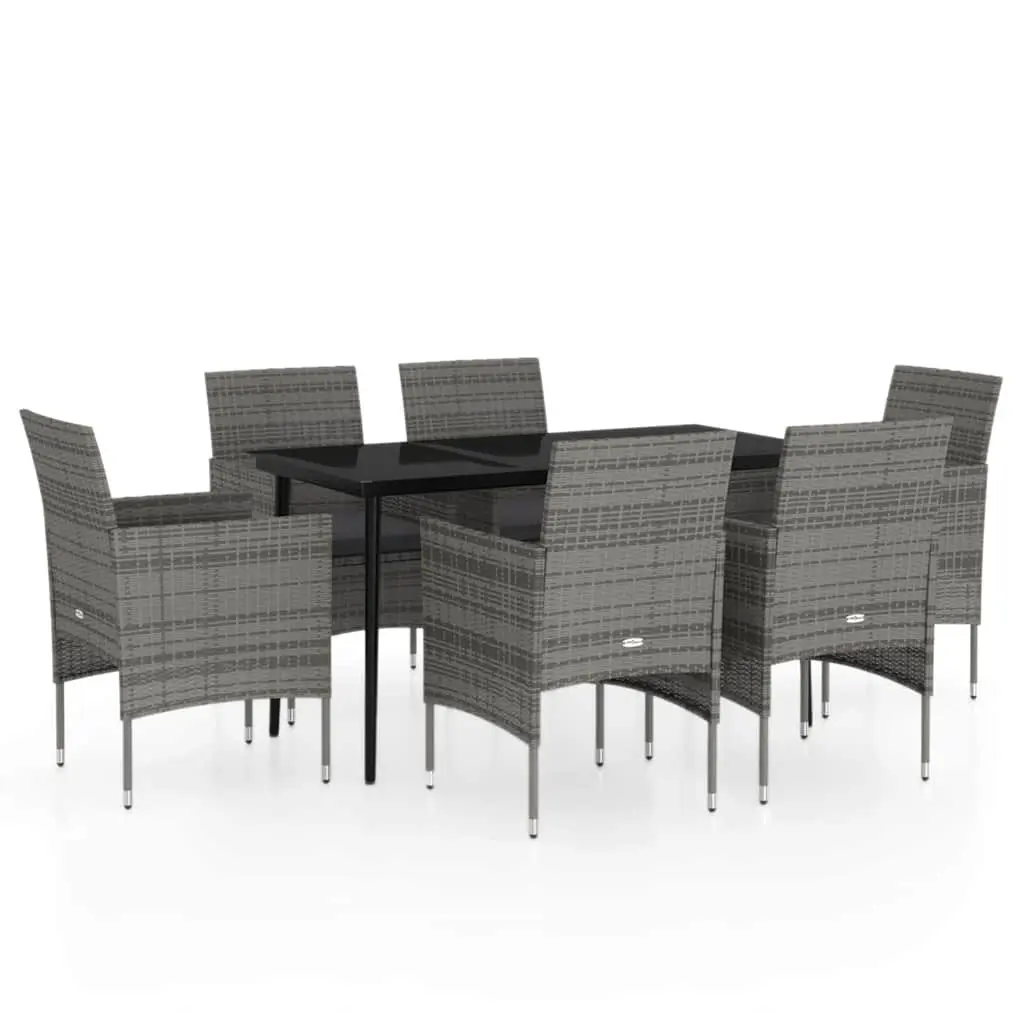 Outdoor Dining Set Powder-coated Steel PE Rattan Glass Table Chairs Cushions 7 Piece Grey Black