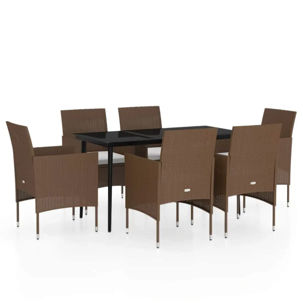 7 Piece Outdoor Dining Set Rattan Chairs Glass Table with Cushions Brown