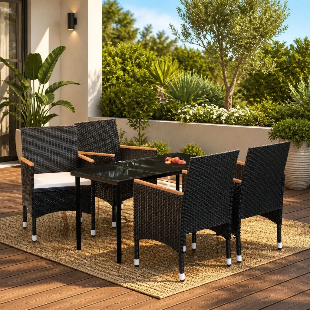 Outdoor Dining Set 5 Piece Black Glass Table Rattan Chairs