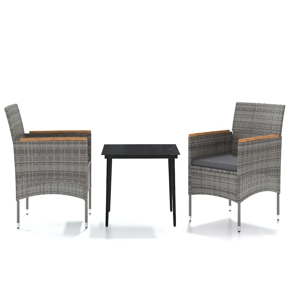 3 Piece Outdoor Dining Set Glass Table Powder-coated Steel Rattan Chairs Cushions Grey