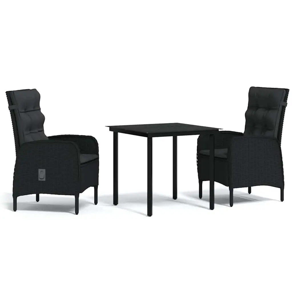 3-Piece Black Garden Dining Set with Reclining Chairs