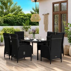 7 Piece Black Rattan Garden Dining Set with Glass Table