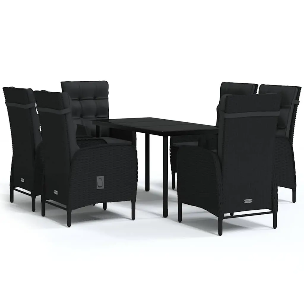 Outdoor Dining Set 7 Piece Powder-Coated Steel Water-Resistant PE Rattan Black Glass Table