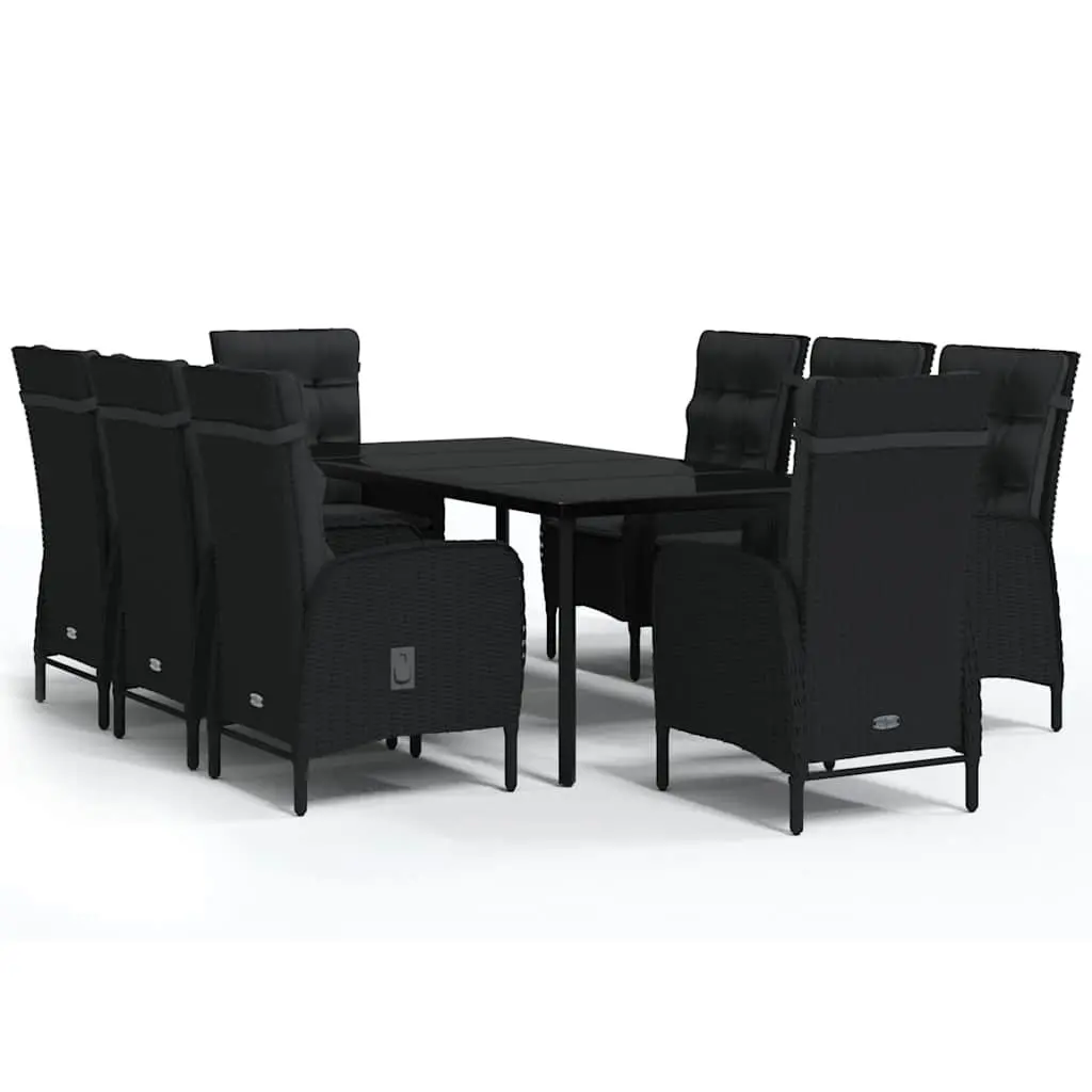 Garden Dining Set 9 Piece Black Steel Rattan Chairs Glass Table