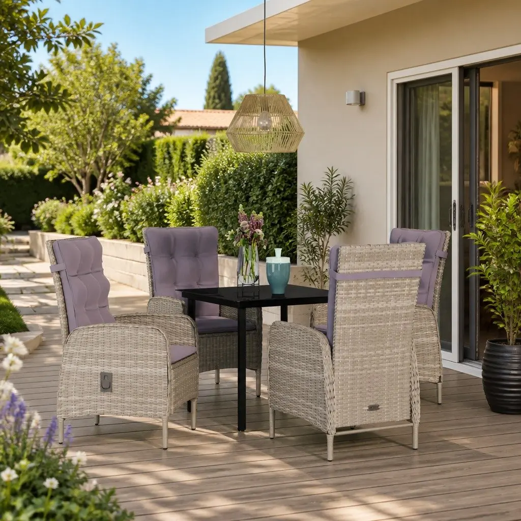 Outdoor Dining Set Rattan Grey Black Glass Table 5 Piece