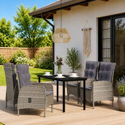 5-Piece Grey Rattan Outdoor Dining Set with Glass Table