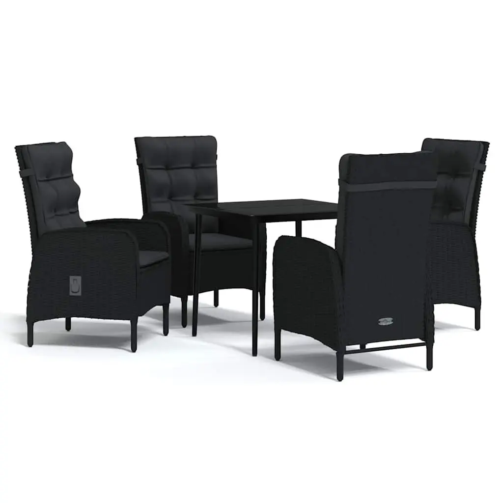 5 Piece Outdoor Dining Set Powder-coated Steel PE Rattan Glass Table Reclining Chairs Black