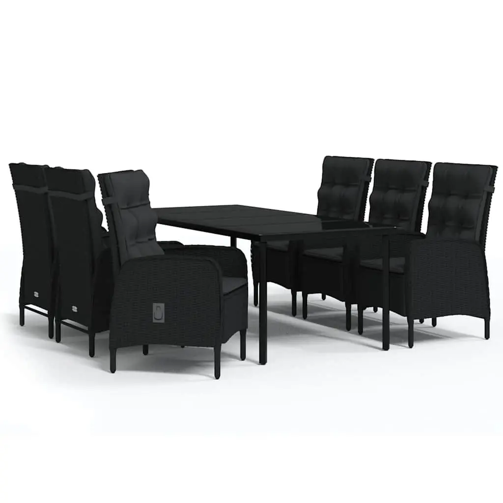 Outdoor Garden Dining Set Powder-coated Steel Glass Table Reclining Chairs Black 7 Piece